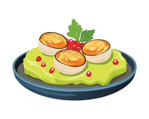 Creative and healthy deviled egg presentation: halves topped with roasted mushrooms and served on a smooth green avocado or pea mash base - Vector Illustration.
