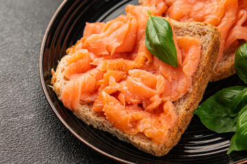 sandwich salmon smoked fish open sandwich delicious fresh portion size natural product tasty snack fresh delicious gourmet food background on the table rustic top view copy space pescetarian diet