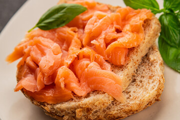 sandwich salmon smoked fish open sandwich delicious fresh portion size natural product tasty snack fresh delicious gourmet food background on the table rustic top view copy space pescetarian diet