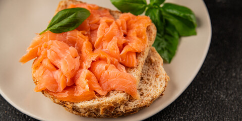 sandwich salmon smoked fish open sandwich delicious fresh portion size natural product tasty snack fresh delicious gourmet food background on the table rustic top view copy space pescetarian diet