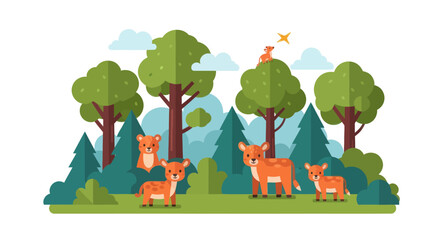 Adorable Cartoon Deer Family in a Vibrant Green Forest Illustration.