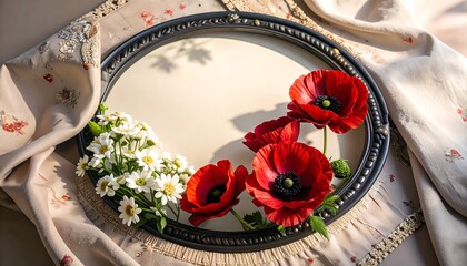 Round frame with poppies and daisies on fabric