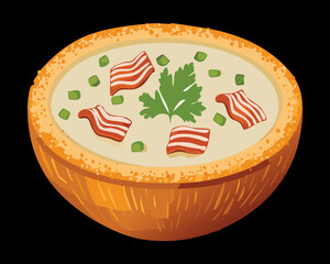 Hearty quiche with savory cream filling, chunks of bacon, and green peas baked in a crust - Vector Illustration