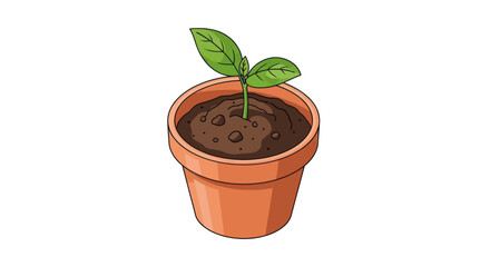 Cartoon Illustration of a Small Potted Plant with Green Leaves.