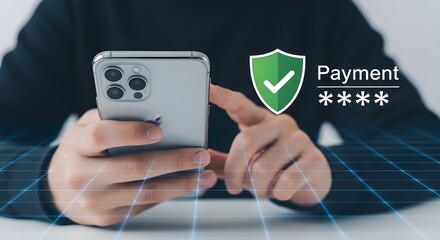 A person using a smartphone with a secure payment icon and a digital grid overlay on a mobile phone. Modern and digital technology