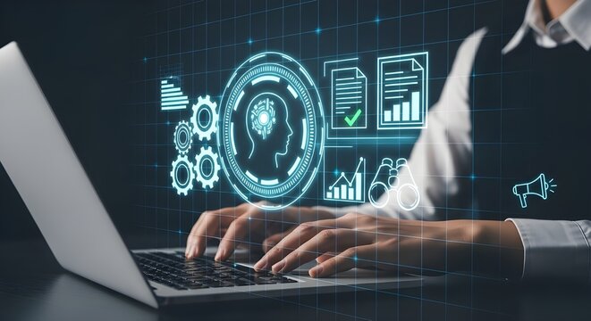 Person using laptop with glowing AI and data analytics interface artificial intelligence Modern and digital technology