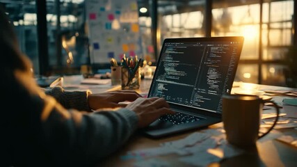 Close-up of a young male developer typing on a laptop in a cozy workspace during sunset. - Powered by Adobe
