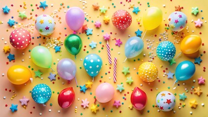 A vibrant arrangement of colorful balloons and confetti scattered on a bright background, celebrating a festive occasion