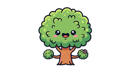 A cute kawaii cartoon tree character with a happy smiling face and green leaves.