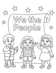 We the People with Kids
We the People Constitution Day coloring page. Cute kids with scroll and stars. Black and white vector line art for history class, civic lessons, and school worksheets.