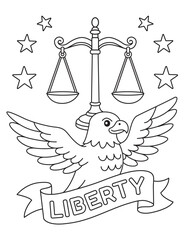 Liberty Eagle & Scales
Liberty eagle with justice scales coloring page. Constitution Day black and white vector line art for patriotic, history, and educational worksheets for kids.