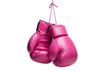 Symbol of Strength and Empowerment Pink Boxing Gloves Hanging Isolated on Transparent Background Fighting Spirit Readiness