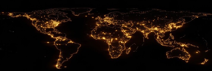 Detailed view of a glowing world map showcasing city lights and human settlements at night across continents and oceans