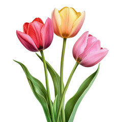 Bouquet of tulip, A stunning arrangement of tulips in shades of purple, white, and pink, set in a decorative vase, isolated on transparent background