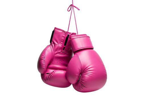 Symbol of Strength and Empowerment Pink Boxing Gloves Hanging Isolated on Transparent Background Fighting Spirit Readiness