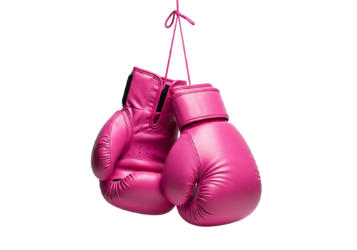 Symbol of Strength and Empowerment Pink Boxing Gloves Hanging Isolated on Transparent Background Fighting Spirit Readiness