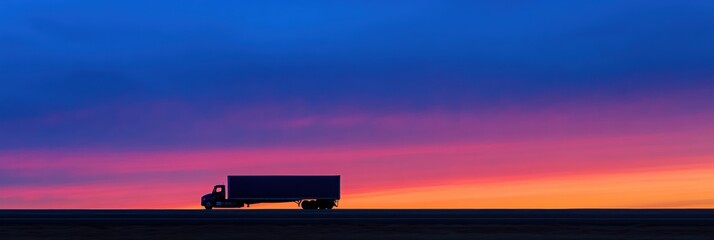 Trucking through a vibrant sunset on an open highway with colorful skies and dramatic clouds in the background