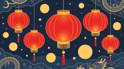 Illustration of traditional Chinese red lanterns glowing in the night sky with golden decorative motifs and stars, perfect for lunar new year celebrations and cultural designs