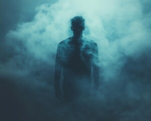 A mysterious figure emerges from the fog, evoking feelings of solitude and introspection in a surreal atmosphere.