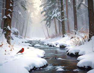 Fototapeta premium A serene winter forest stream with a lone cardinal, bathed in soft light, nestled amongst snowy banks.