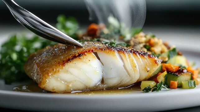 Elegant branzino filet presentation with perfectly seared golden crust, silver fork separating delicate fish texture, accompanied by fresh broccoli and microgreens