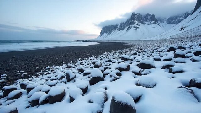 lava rock and snow in winter time in Iceland