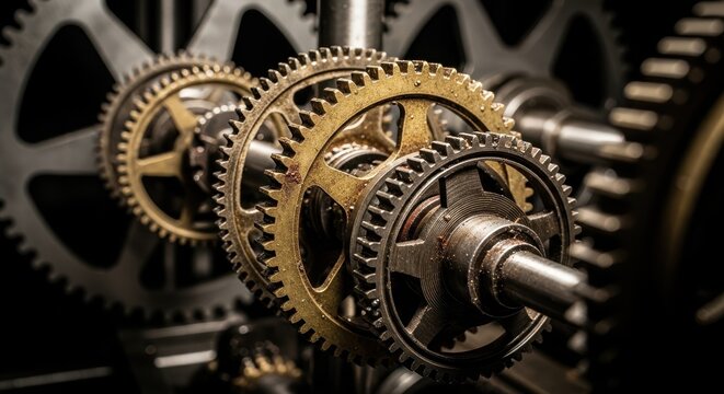 Intricate clockwork inside view reveals interlocking gears and detailed mechanisms, showing clockwork engineering. Clockwork demonstrates interconnected components and precision design,