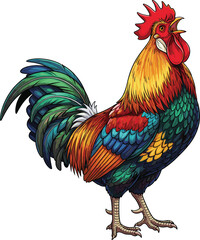 Rooster, colorful, feathers, crowing, farm, bird, illustration, vibrant, tail, red, agriculture, animal, profile, comb, wattle