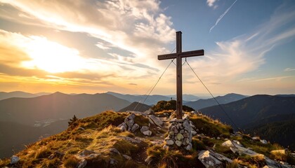 Wooden cross atop mountain at sunset