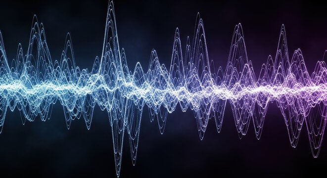 Sound wave visualization displays an energy signal on dark backdrop, sound wave energy pulses on screen, in blue and violet light.