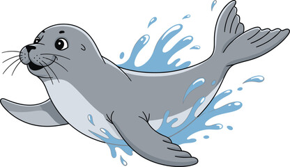 Seal, cartoon, leap, water, splash, marine, animal, playful, ocean, motion, gray, illustration, whiskers, flippers, dynamic