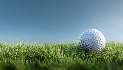 Golf ball on green grass, under blue sky