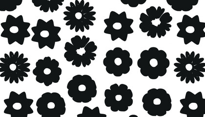 Black and white floral pattern with hand drawn aesthetic, Silhoutte repeating pattern of  big and small flowers.