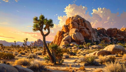 Desert Sunset Hues of Joshua Trees and Boulders