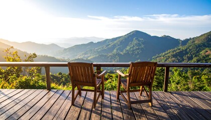Wooden chairs on a mountaintop deck