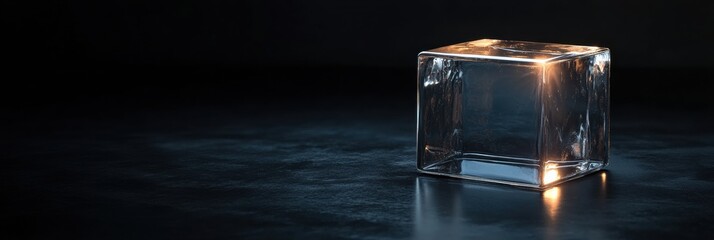 Clear glass cube illuminated by soft light on a dark surface, creating interesting reflections and shadows at a low angle on the scene