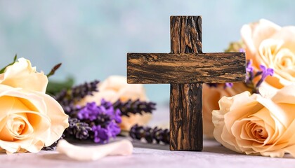 Wooden cross surrounded by pastel roses and lavender
