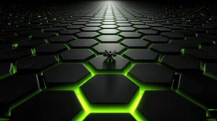 Abstract dark background with glowing green hexagons and a spider, representing technology and innovation