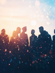 Silhouetted figures engaged in conversation during sunset, surrounded by a soft glow of lights and connections in a serene outdoor setting
