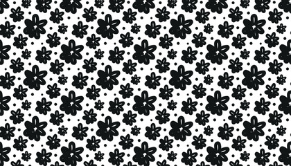 Black and white floral pattern with hand drawn aesthetic, Silhoutte repeating pattern of  big and small flowers.
