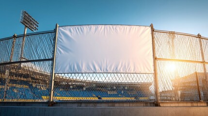 Fototapeta premium Empty stadium fence with large white banner and bright sunlight creating a vibrant atmosphere