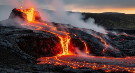 Erupting volcano showing molten lava flow down rugged terrain, creating a dramatic scene. Erupting volcano offers intense geological activity, showcasing fiery river,