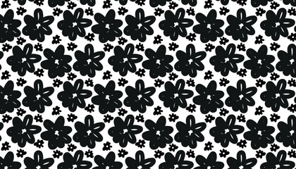 Black and white floral pattern with hand drawn aesthetic, Silhoutte repeating pattern of  big and small flowers.