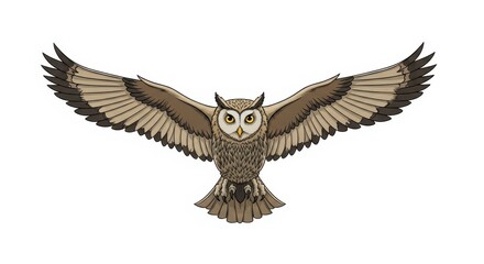 Fototapeta premium Spreading wings owl illustration against plain white background, owl design is perfect for logos and print. This flying owl with outstretched wings showcases majestic owl with feathers design.