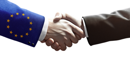 Handshake with the European Union symbolizing diplomacy, cooperation, business partnership, political negotiations, international relations, and successful agreements.