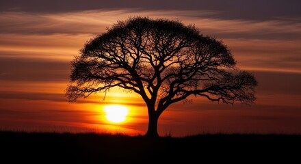 Silhouette tree against beautiful sunset with orange light. Silhouette tree in nature evokes peace, beauty, and tranquility. Concept silhouette tree for inspirational and nature-themed designs.