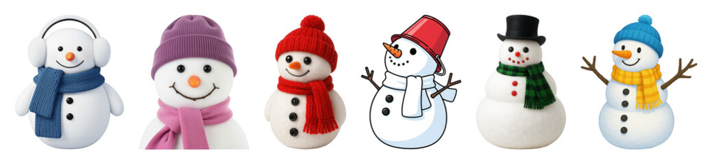 Winter snowman set including various hats and scarves isolated. Christmas holiday and festive season collection.