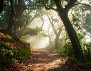 Obraz premium A sun-drenched path meanders through a mystical, moss-covered forest, bathed in morning mist.