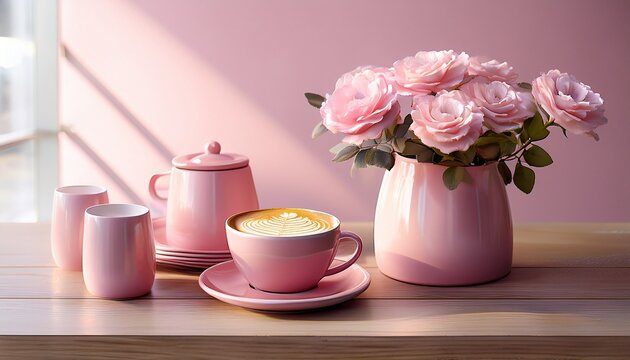 Pastel Pink Coffee Setup With Latte Art On Wooden Table