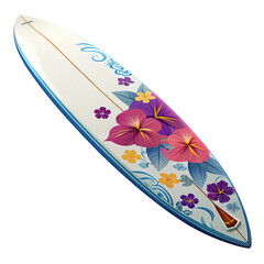 Colorful surfboard with floral art design reflecting beach lifestyle and ocean sports imagery